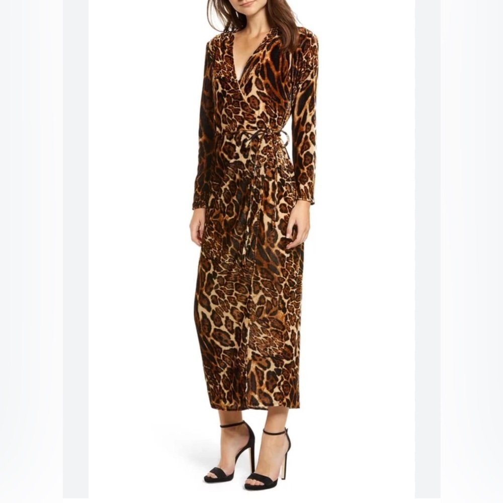 255. Wayf Tan Leopard Print Womens Wrap Dress Size Small